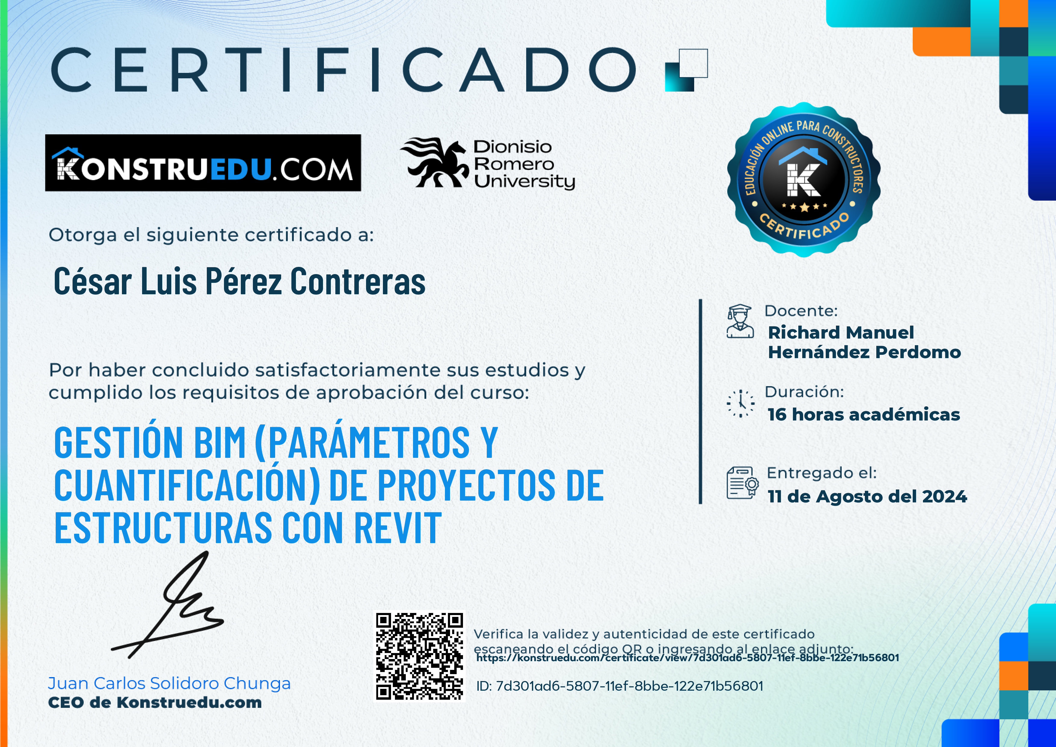Credencial de Gestión BIM (Parámetros y cuantificación) de proyectos de estructuras con Revit
