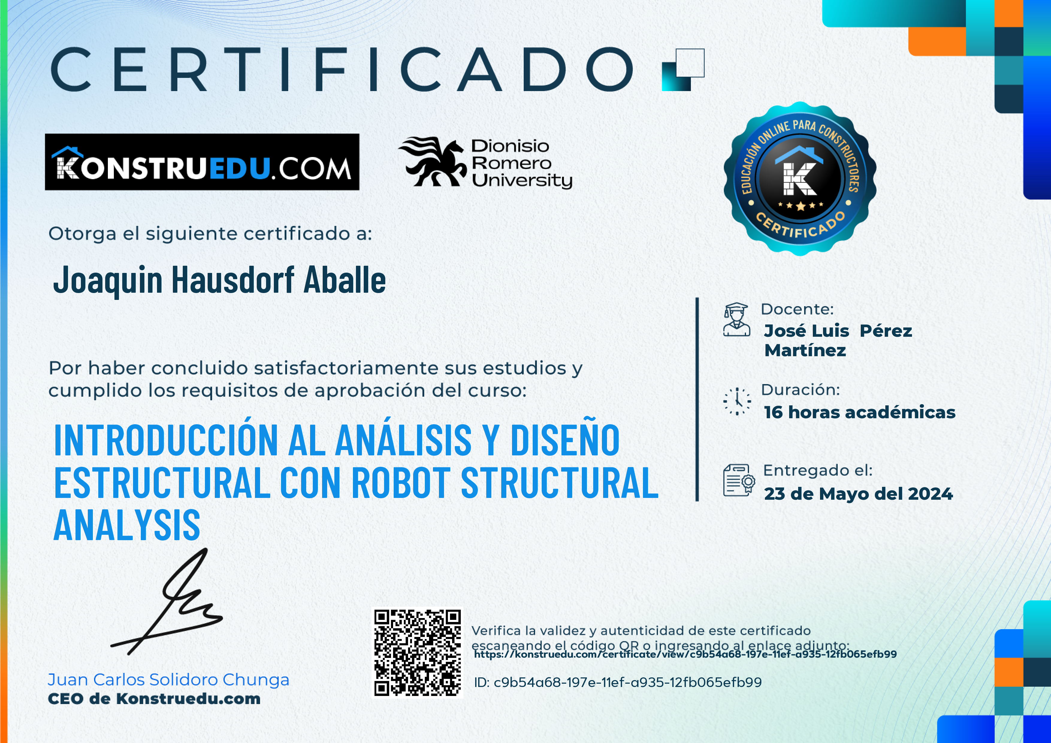 Credencial de Introducción al análisis y diseño estructural con Robot Structural Analysis