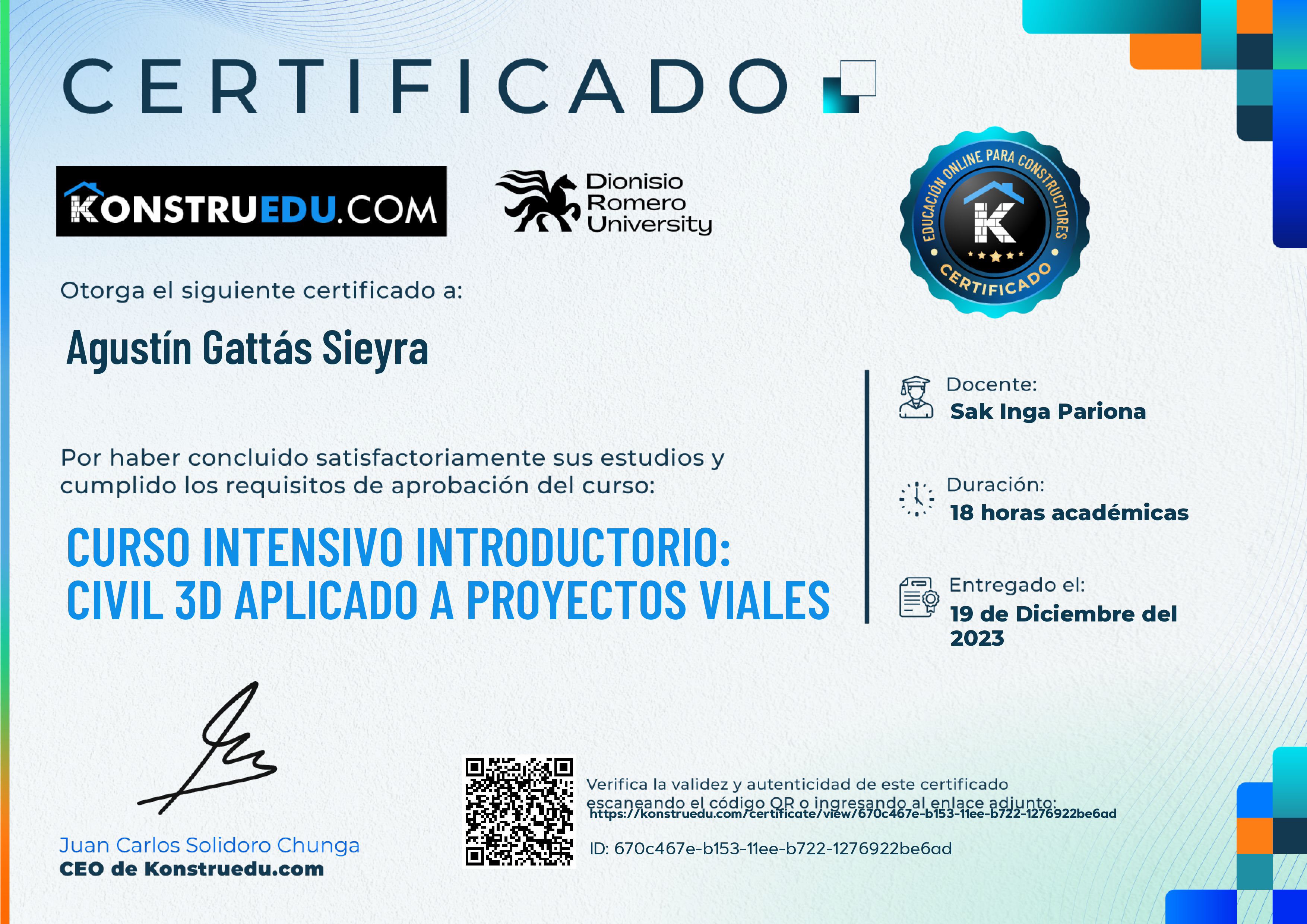 Credencial de Curso intensivo: Civil 3D aplicado a proyectos viales