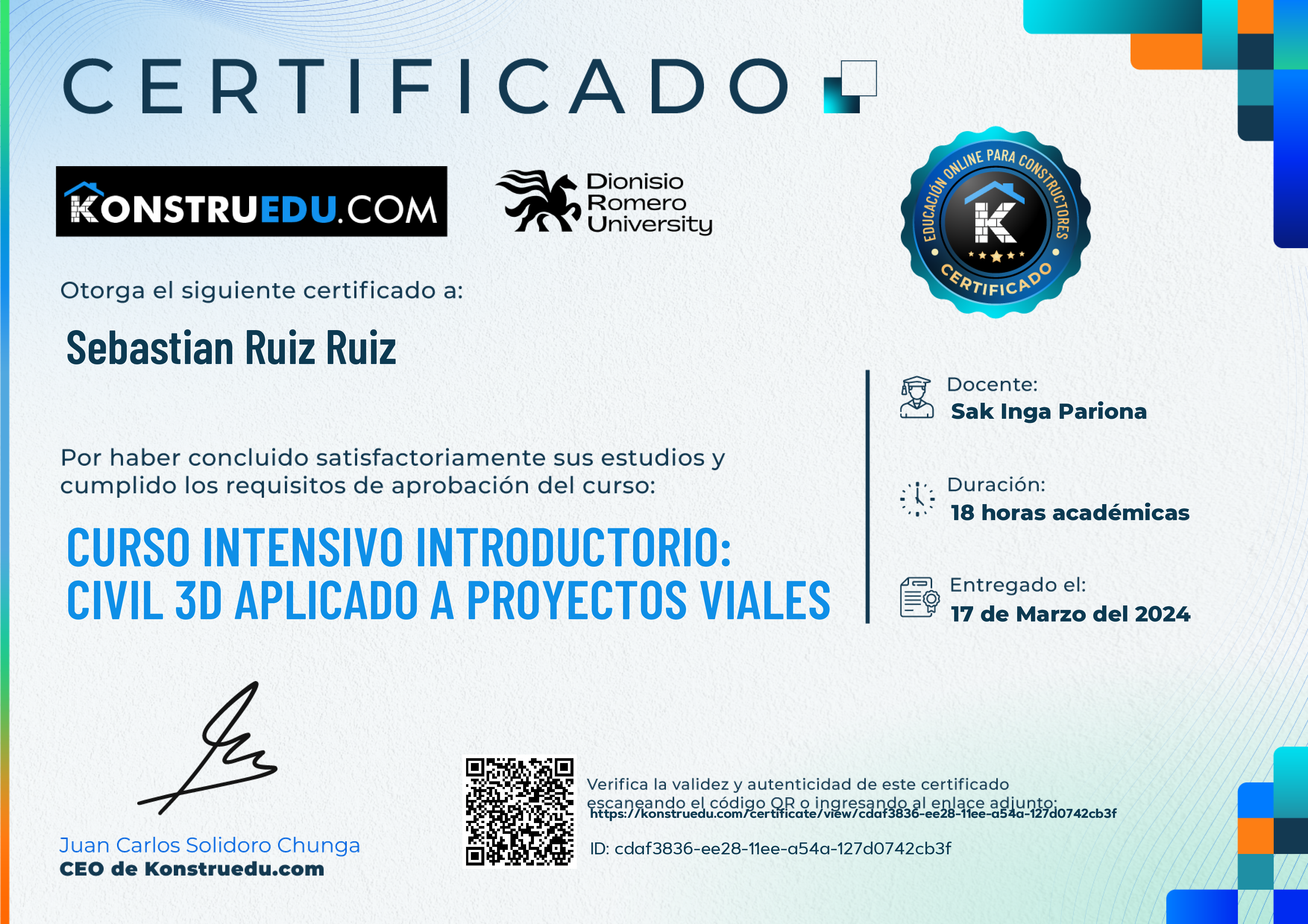 Credencial de Curso intensivo 2da Edición: Civil 3D aplicado a proyectos viales