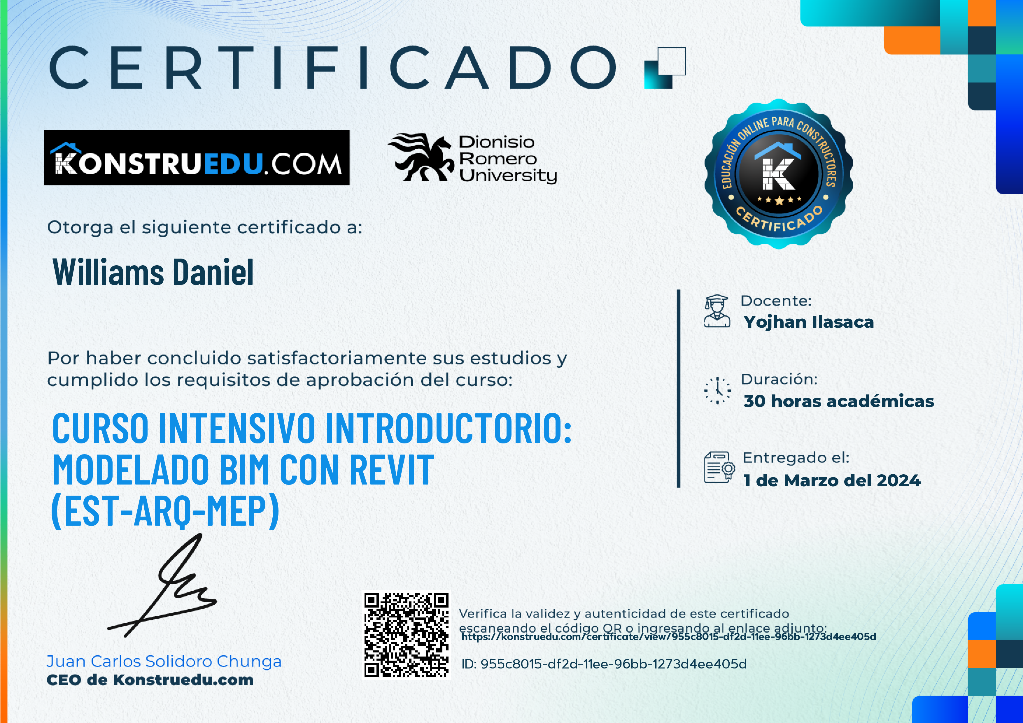 Credencial de Curso intensivo 4ra Edición: Modelado BIM con Revit Introductorio