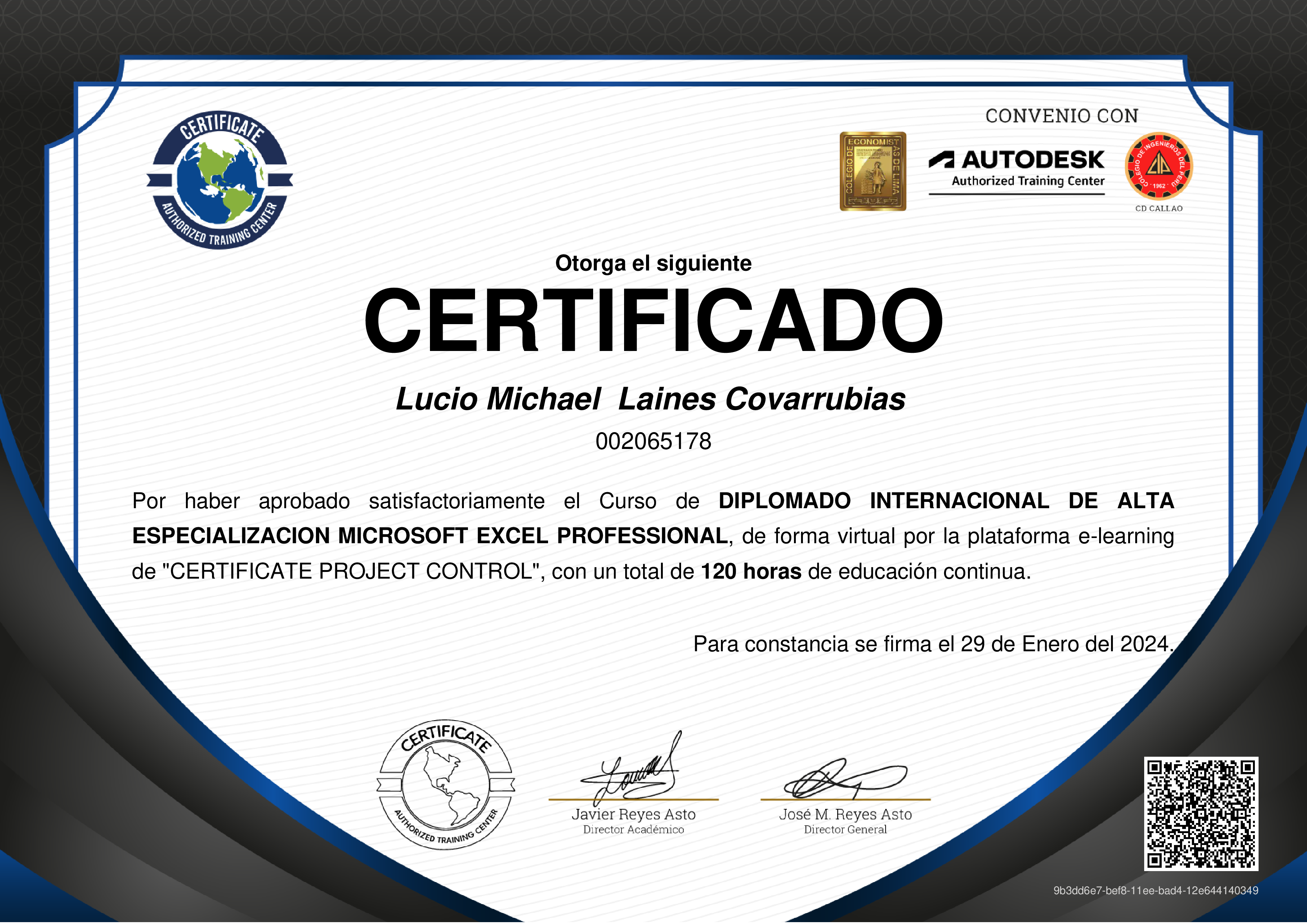 Credencial de DIPLOMADO INTERNACIONAL DE ALTA ESPECIALIZACION MICROSOFT EXCEL PROFESSIONAL